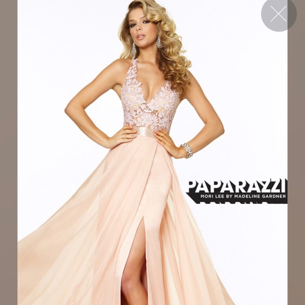 Mori Lee long v-neck lace gown